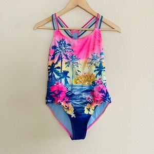 Tropical Print Sequins Barbie Pink Blue One Piece Bathing Suit Youth SZ XL
